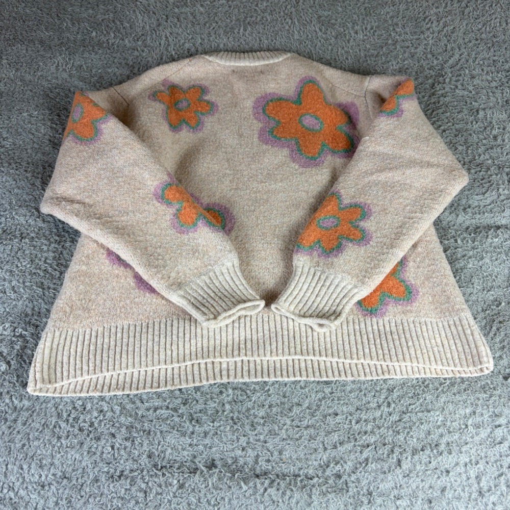 American Eagle Floral Intarsia Crewneck Sweater Oatmeal Orange Small - Picture 8 of 9